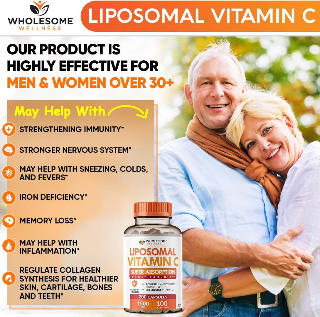 Wholesome Wellness Liposomal Vitamin C Capsules (200 Pills 1500Mg Buffered) High Absorption, Immune System & Collagen Booster, High Dose Fat Soluble Immunity Support Ascorbic Acid, Natural Vegan