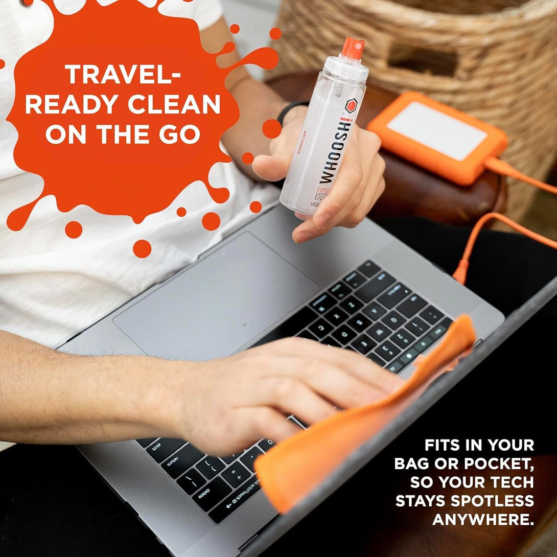 WHOOSH! Screen Shine Duo - Screen Cleaner Spray for Ipad, Monitor, Laptop, Macbook - 3.4 Oz & 0.3 Oz Bottles with 2 Microfiber Cloths - Portable Electronic Cleaning Kit for Travel, Office, and Home
