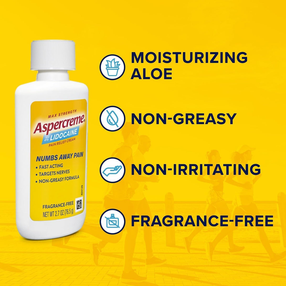 Aspercreme Lidocaine Pain Relief Cream Soothes Aggravated Nerves, Numbing Topical Analgesic with Max-Strength 4% Lidocaine & Moisturizing Aloe, 2.7 Oz.