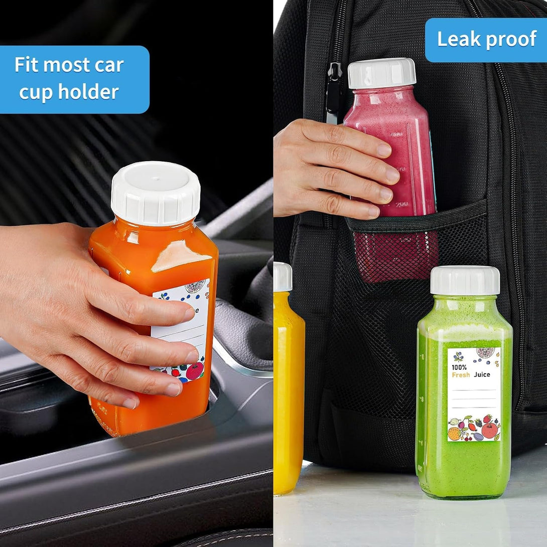 6 Pack 16 Oz Glass Juice Bottles W Pour Spout, 100% Airtight Heavy Duty SCREW Lid- Reusable Glass Milk Bottles W Capacity Mark, Square Drinking Jar Juice Container(Extra 2 Lid)