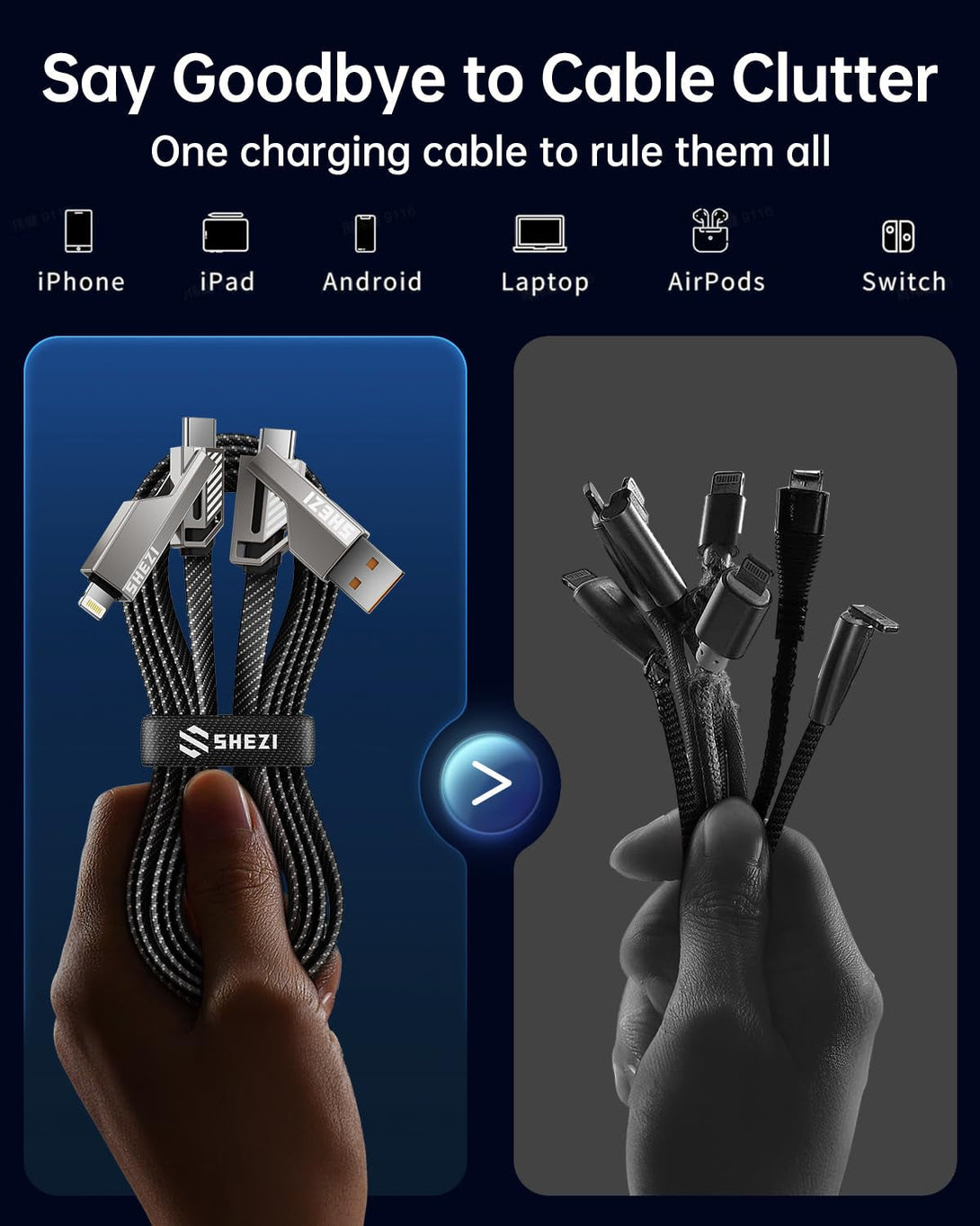 [Upgraded 2.0] SHEZI 4-In-1 USB C Cable 60W 5FT Lightning Cable MFI Certified [Fast Charging & Data Sync] Flat Braided Multi Charger Cord Combo with Lightning/Usb C/A Port for Iphone/Ipad &All Devices