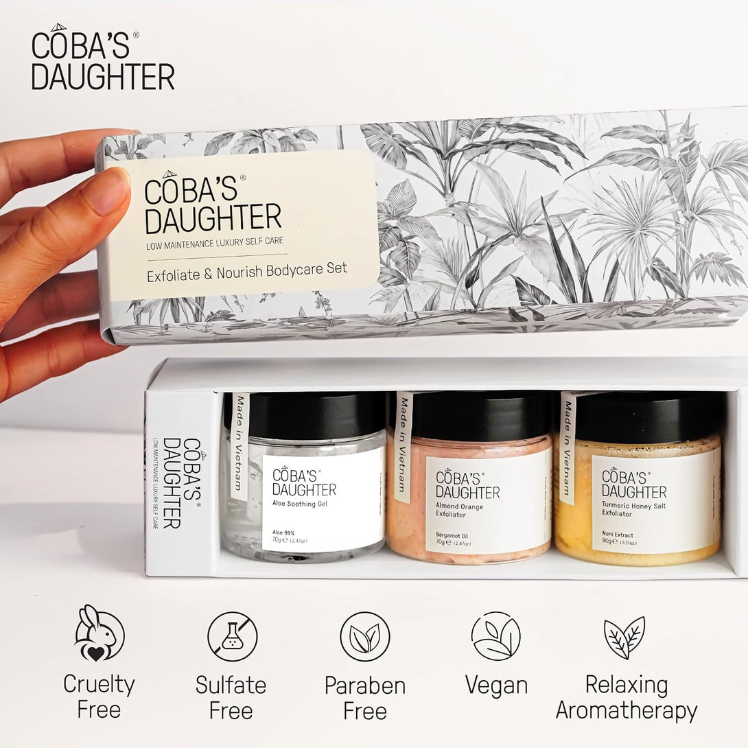 COBA'S DAUGHTER 3-Piece Body Care Gift Set | Women'S Gift Set| Honey Turmeric Scrubs & Almond Orange Scrubs | Soothing Aloe Vera Gel| Shower Therapy for Women| Travel Size Beauty