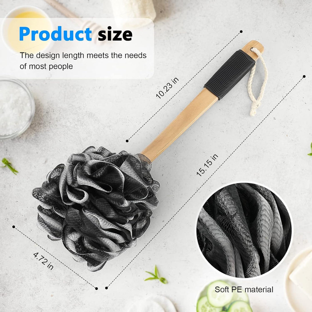 Black Loofah on a Stick PE Soft Mesh Luffa with Non-Slip Wooden Handle Made of Soft and Sturdy Rubber Material Back Scrubber for Shower for Women and Men with String for Easy Hanging