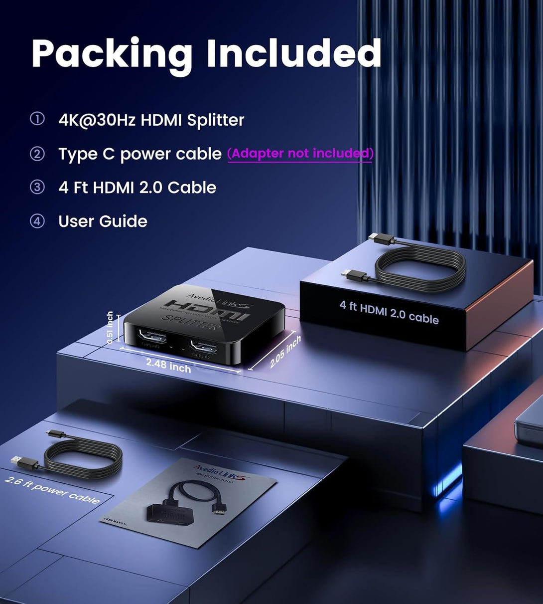 Avedio Links HDMI Splitter 1 in 2 Out [With 4 Ft Hdmi Cable] Not for Extended Mode-Mirror Same Screen Only, 4K 1X2 HDMI Splitter 1 to 2 for 3D 1080P@60Hz, Copy 1 Source to 2 Displays at the Same Time