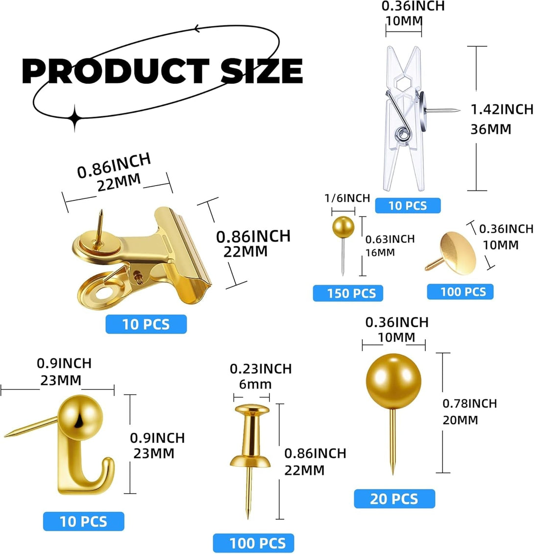400 Pcs Gold Push Pins Set,7 Styles Push Pins, Pin Tacks,Decorative Thumb Tacks for Cork Board,Bulletin Boards Home Office Accessories