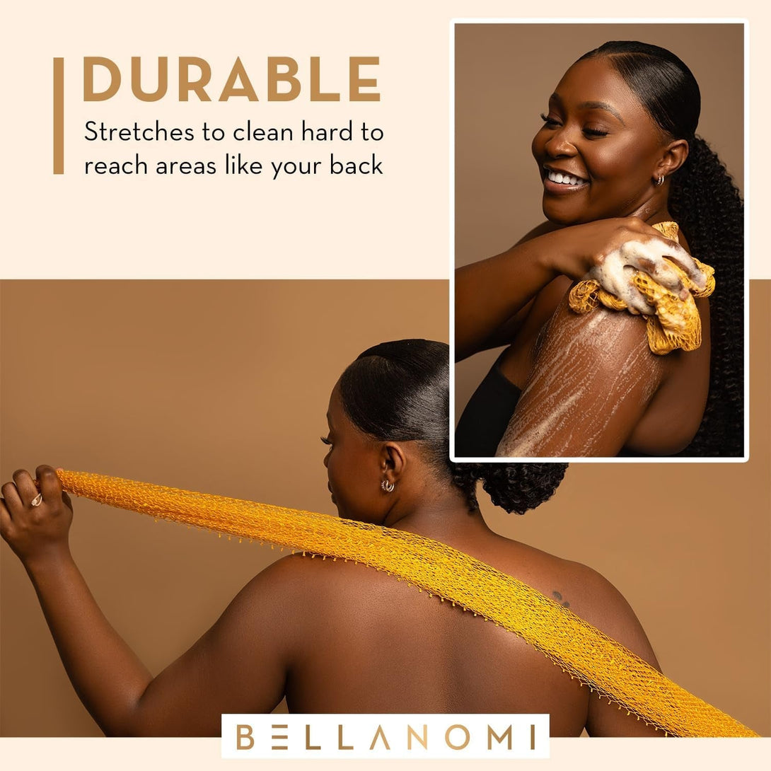 African Exfoliating Net Sponge, Authentic, Ethically Sourced from Nigeria, 45 Inches Long, Back Scrubber for Daily Use (Yellow)