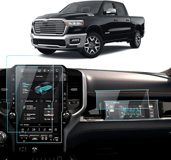 4PCS Car Screen Protector for 2025+ Dodge RAM 1500 Laramie/Rebel/Limited/Limited Longhorn/Tungsten Uconnect Accessories Navigation& Passenger Seat Nano Screen Protector Film 14.4''&10.25''