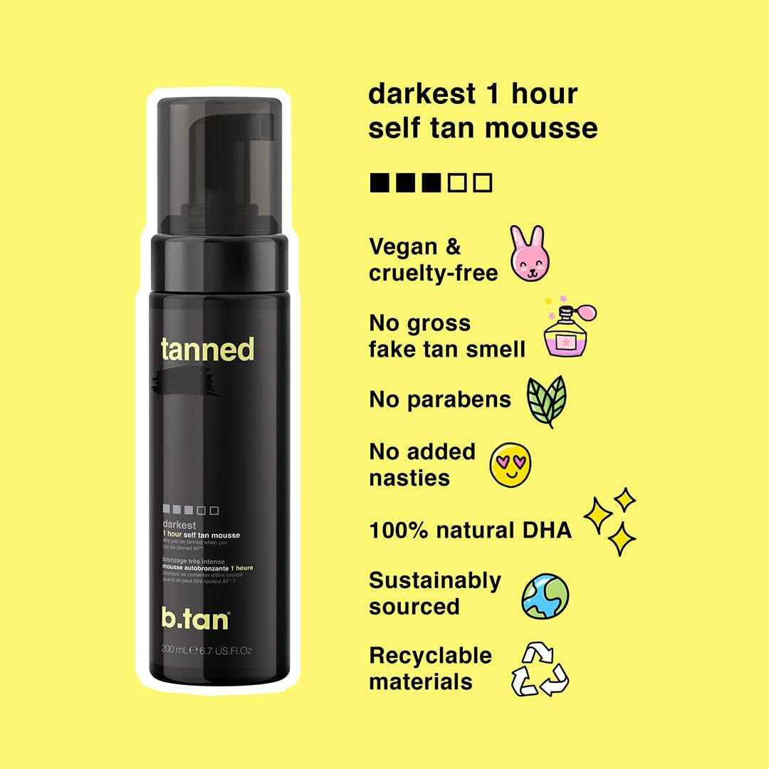 B.Tan Dark Self Tanner Mousse | Get Tanned - Best, 1 Hour Express Sunless Tanning Foam, No Fake Tan Smell, Ultra Dark Bronzing Glow, Face & Body, Vegan, Cruelty Free, 6.7 Fl Oz