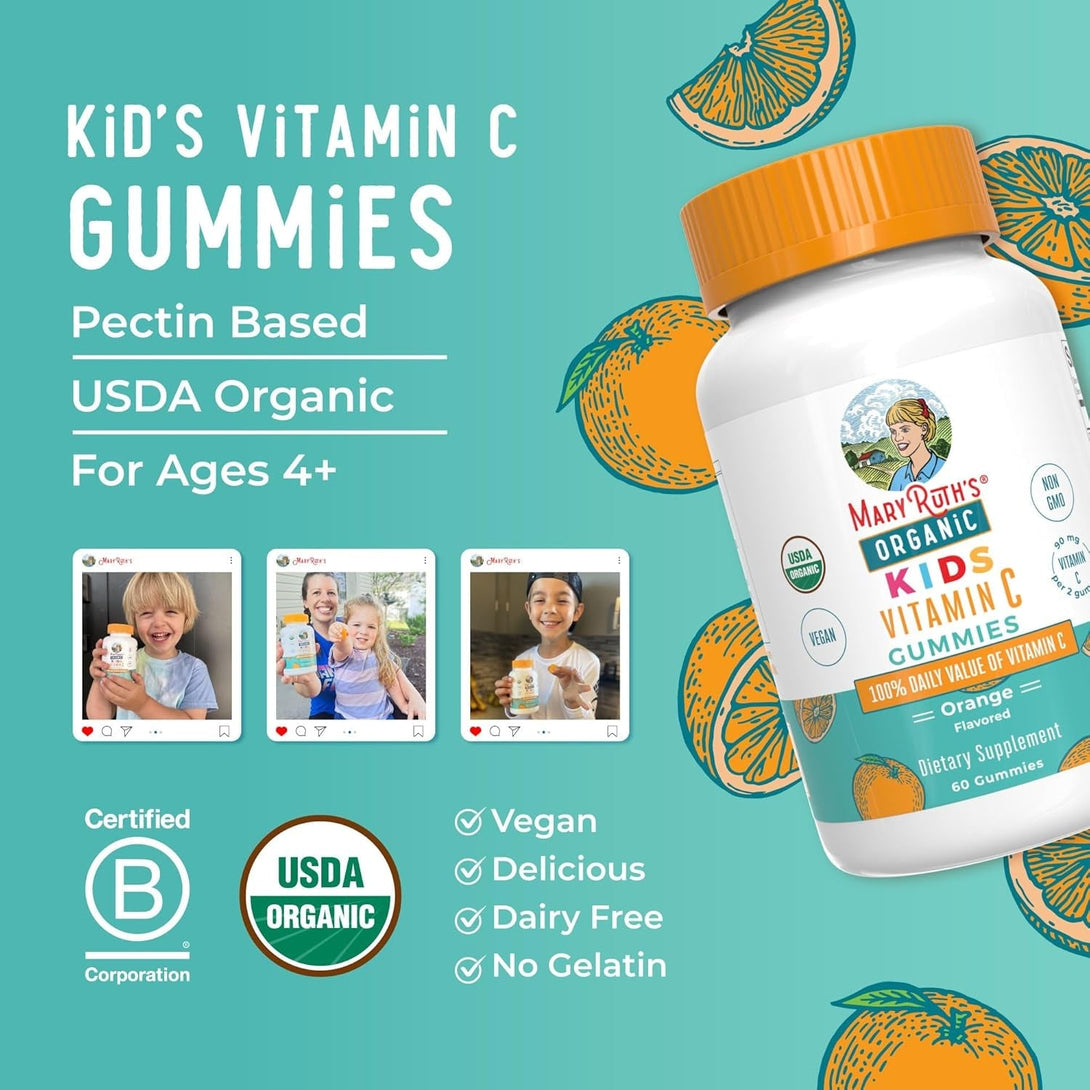 Maryruth Organics Kids Vitamin C Gummies | Supplement for Immune Support & Overall Health | Vitamin C for Kids Ages 4+ | USDA Organic | Vegan | Non-Gmo | 60 Servings