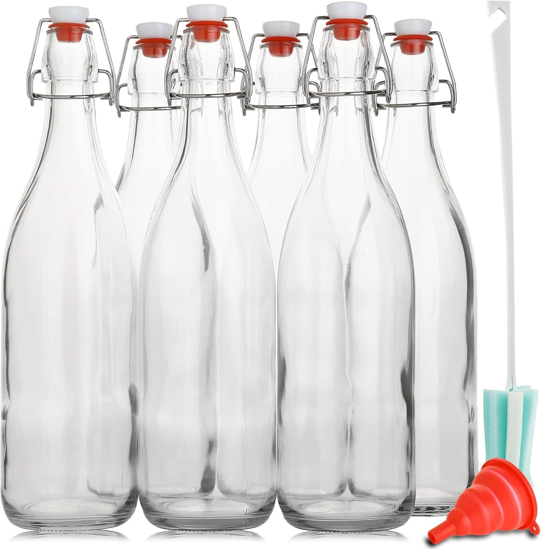 Flip Top Glass Bottle [1 Liter / 33 Fl. Oz.] [Pack of 6] – Swing Brewing with Stopper for Beverages, Oil, Vinegar, Kombucha, Beer, Water, Soda, Kefir Airtight Lid & Leak Proof Cap Clear