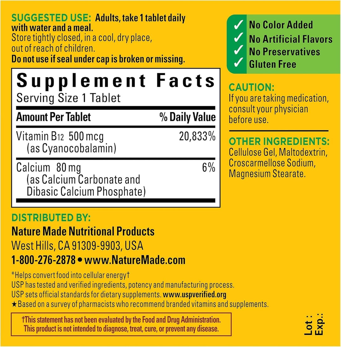 Nature Made Vitamin B12 500 Mcg, Dietary Supplement for Energy Metabolism Support, 200 Tablets, 200 Day Supply