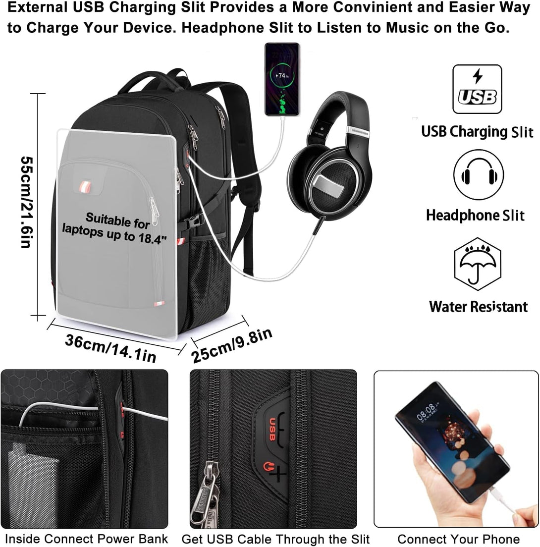 Della Gao Travel Laptop Backpack, 18Inch Large Travel Backpack for Men and Women with USB Charging Port Business Computer Back Pack(Black, 18.4 Inch)