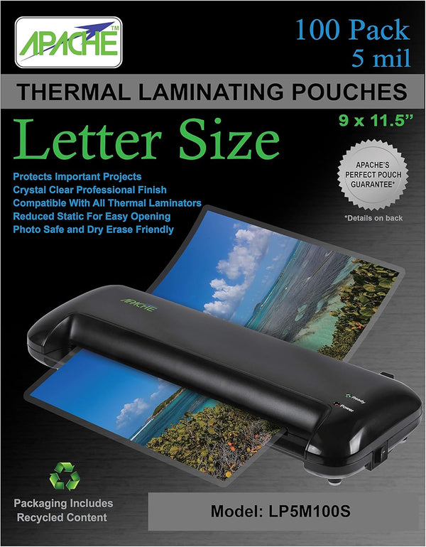 Apache Laminating Pouches 5 Mil, for 8.5 X 11 Inch Letter Size Paper 9 X 11.5 Inch Sheets, 100 Pack