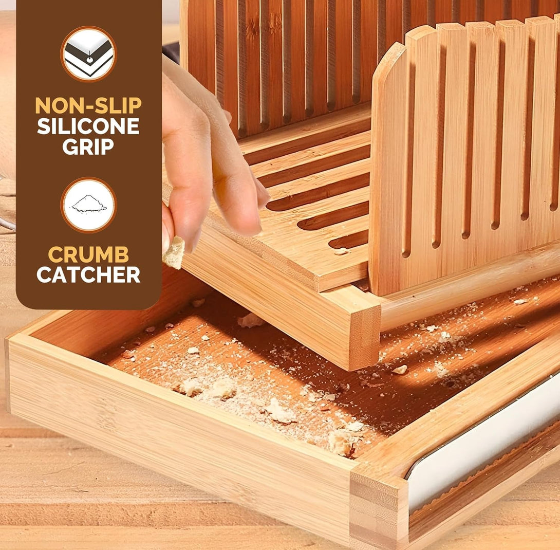 Bambüsi Bread Slicer for Homemade Bread - Bamboo Bread Cutter with Knife, Foldable Slicing Guide, Crumb Tray - Compact Bread Loaf Slicer for Cakes, Bagels, Loaves - Kitchen Gadget & Gifts