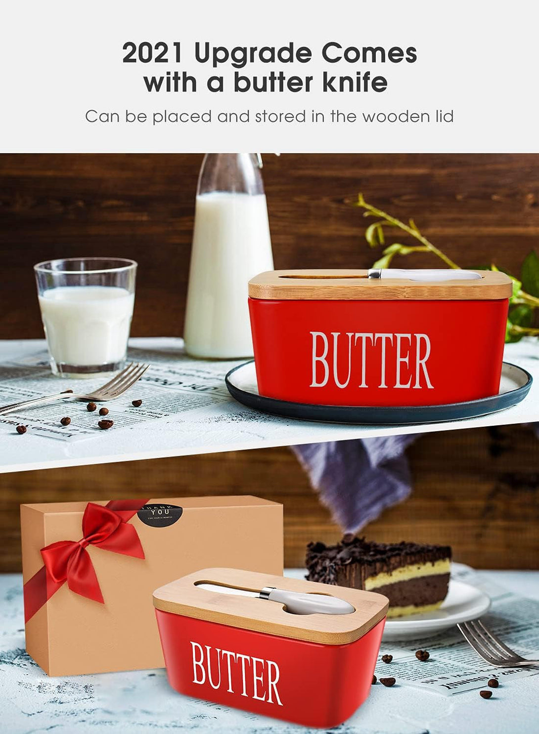 AISBUGUR Large Butter Dish with Lid Ceramics Butter Keeper Container with Knife and High- Quality Silicone Sealing Butter Dishes with Covers Good Kitchen Gift Red 6.3 X 3.5 X 2.7 Inches