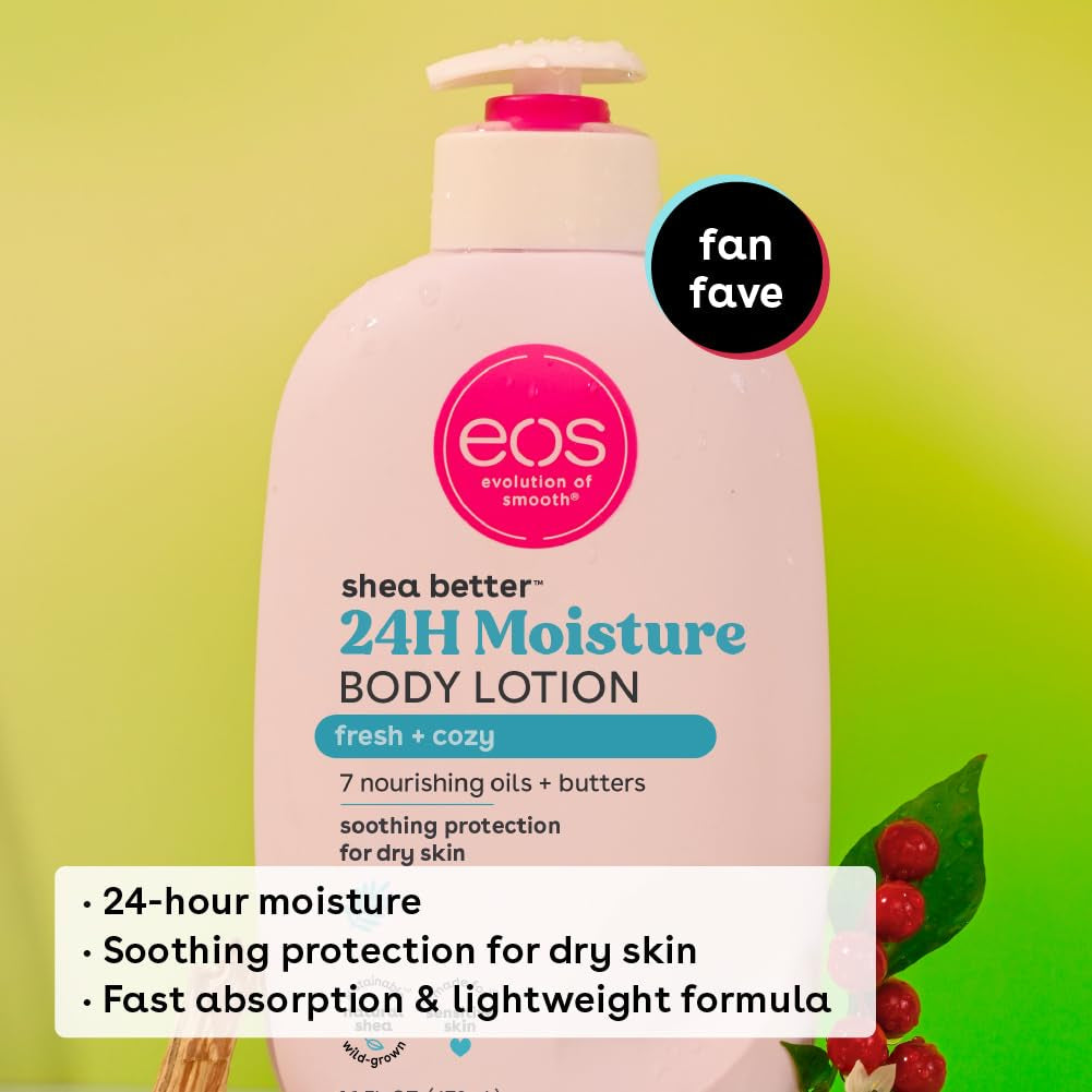 Eos Shea Better Body Lotion- Fresh & Cozy, 24-Hour Moisture Skin Care, Lightweight & Non-Greasy, Made with Natural Shea, Vegan, 16 Fl Oz (Pack of 1)