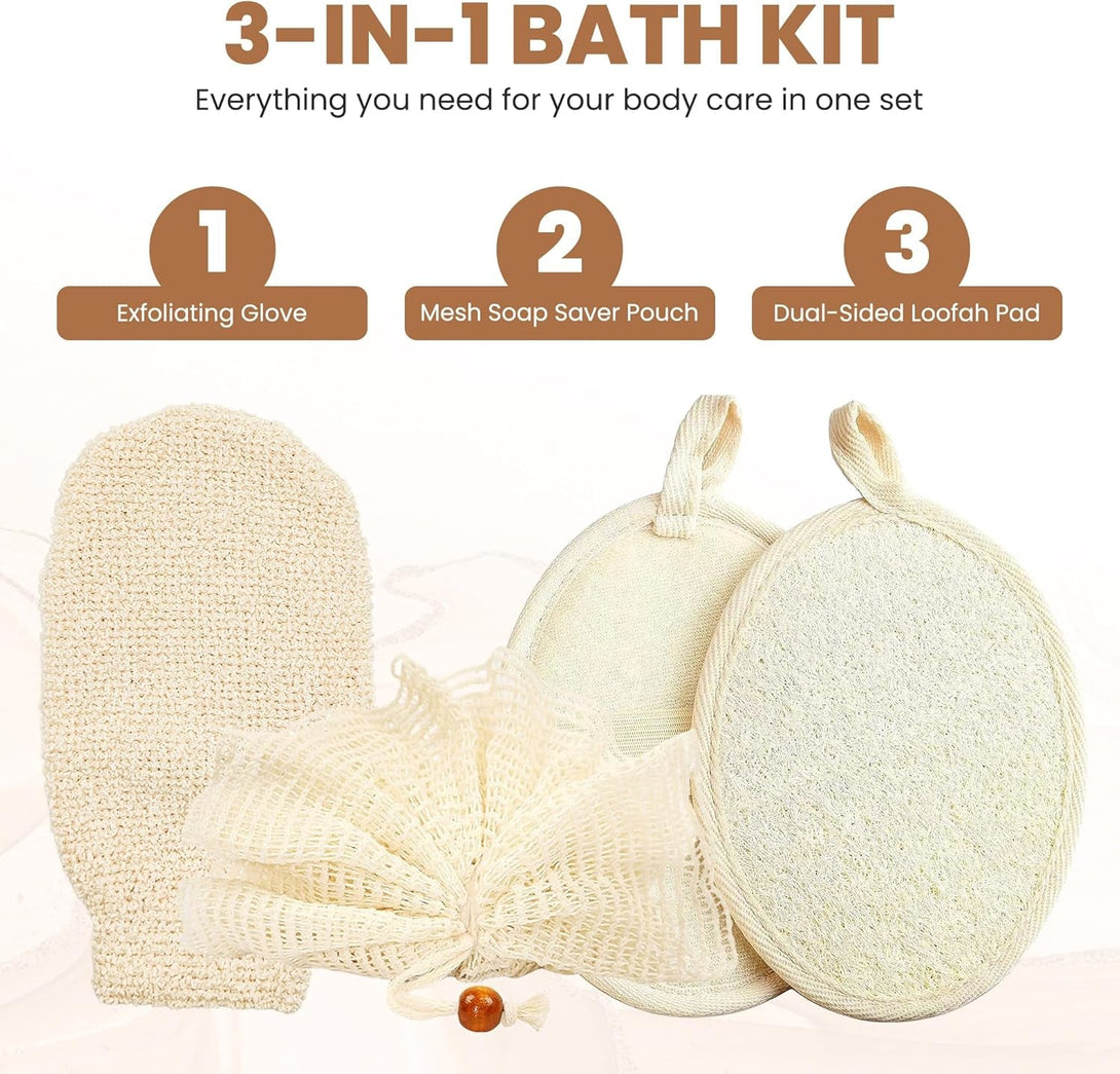 Loofah Exfoliating Body Scrubber Pack - Ramie Shower Pouf, Natural Bath Sponge, Women Bathing Sponges for Exfoliation, Organic Washing Glove, Soft Mesh Exfoliator, Cleaning Mitten