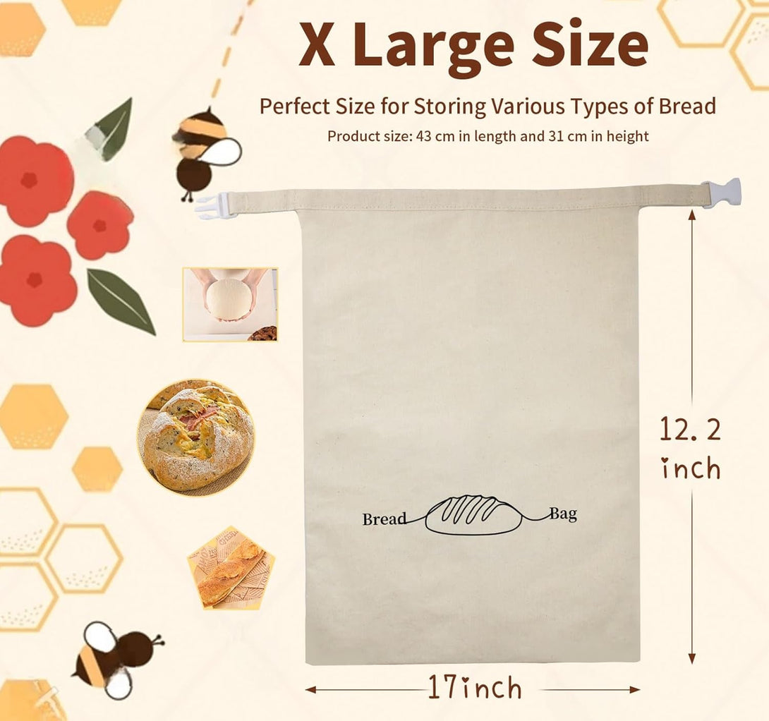 Bread Bags for Homemade Bread 2 Pack, XL Reusable Linen Food Storage Bags with Beeswax Wraps, Freezer Safe, Baking Supplies for Sourdough with Cleaning Brushes, Keep Your Loaf Fresh Eco-Friendly