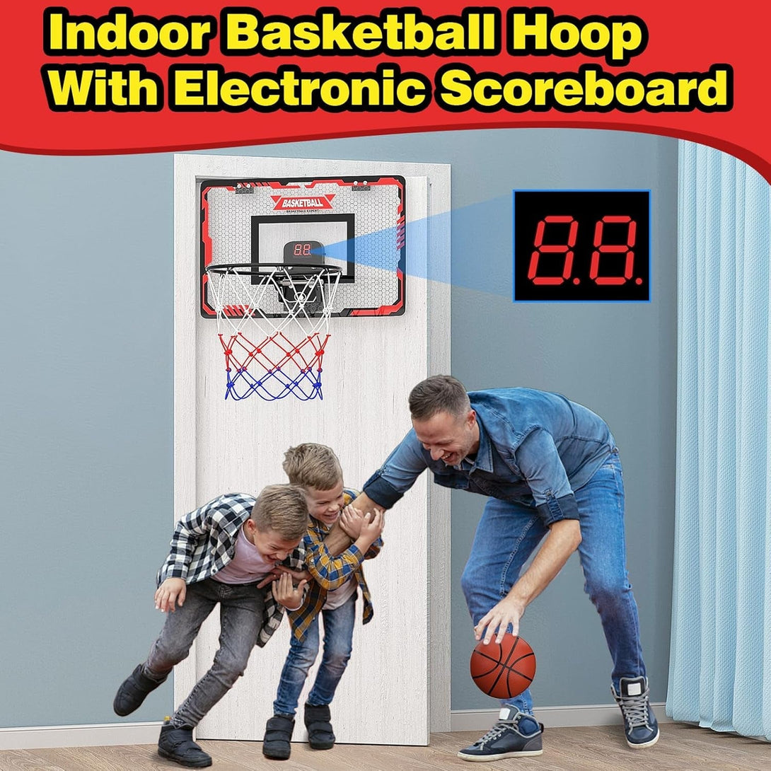Basketball Hoop Indoor, over the Door Basketball Hoop with Electronic Scoreboard, Mini Basketball Hoop for Bedroom Office Wall, Basketball Toys Gifts for Boys Teens Adults 3 4 5 6 7 8 9 10 11