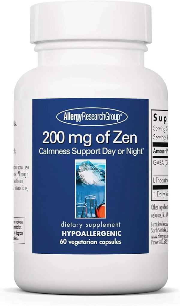 Allergy Research Group 200 Mg of Zen Supplement - Calmness Support, Day or Night, GABA, L-Theanine, Hypoallergenic, Vegetarian Capsules - 60 Count