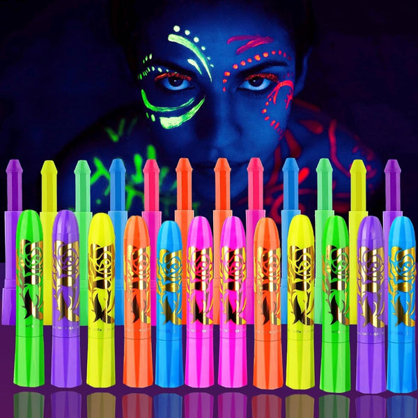 12 Pieces Glow Blacklight Face & Body Paint Makeup, Glow in the Dark Face Painting Kit Neon Paint Sticks for Kids Adult Halloween Glow Party