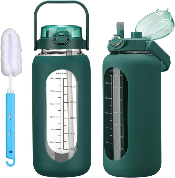 64Oz Glass Water Bolttles with Straw Half Gallon Large Motivational Water Bottle with Time Marker Sports Water Bottles with Silicone Sleeve and Handle Lid Water Jug for Gym Workout