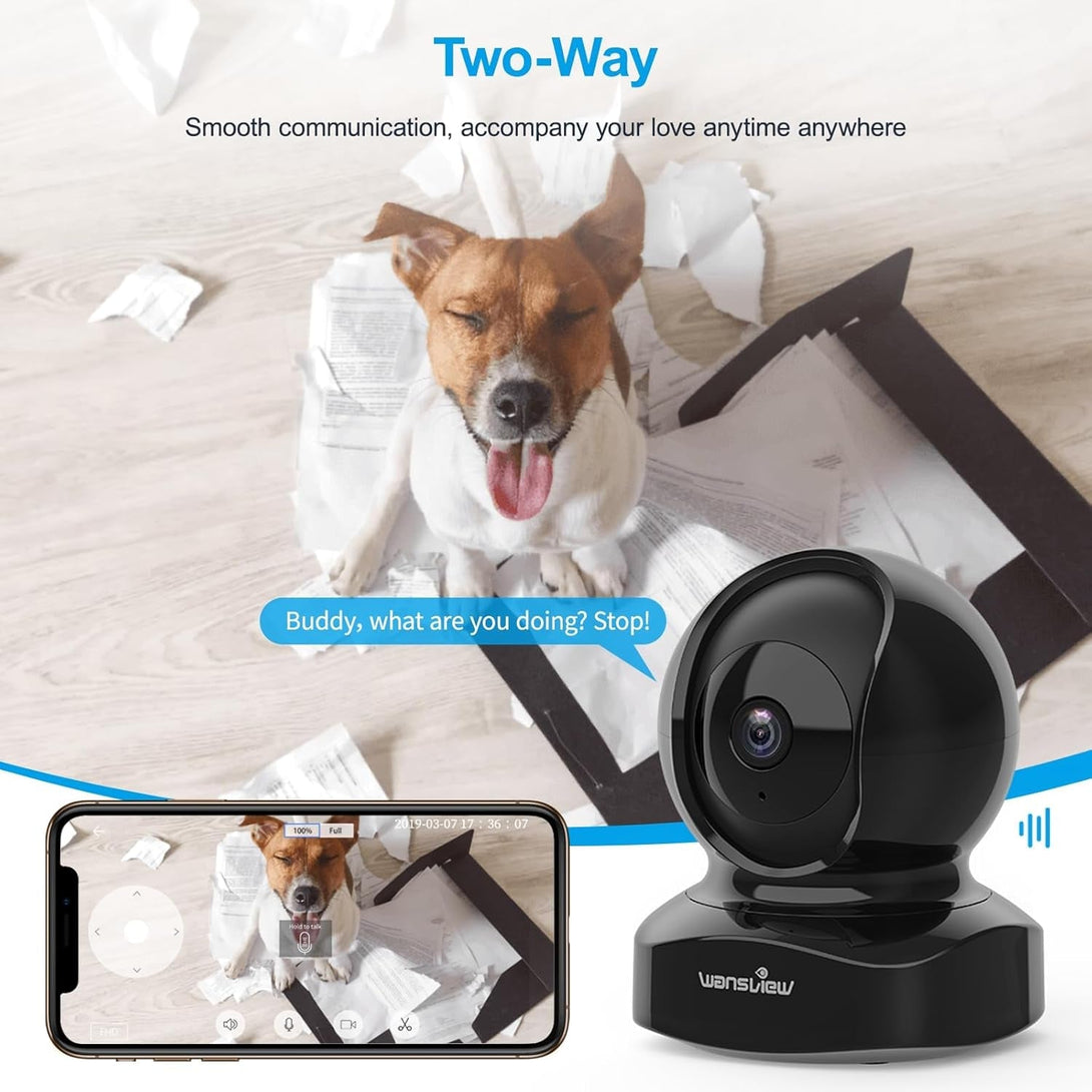 Wansview Security Camera Indoor, 360 Degree Wifi Home Security Cameras for Pet/Dog/Nanny, 2 Way Audio Night Vision, Works with Alexa, with TF Card Slot and Cloud, 2.4Ghz, Q5 (Black, 3MP)
