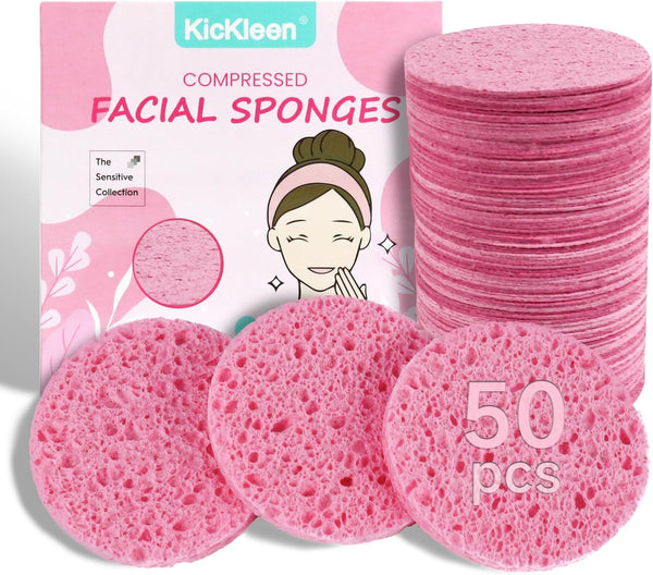50-Count Compressed Facial Sponges|Kickleen 100% Natural Cellulose Cosmetic Spa Sponges for Daily Facial Cleansing|Makeup and Mask Removal|Exfoliating|Skin Massage|Pore Exfoliation (50 Count (Pink))