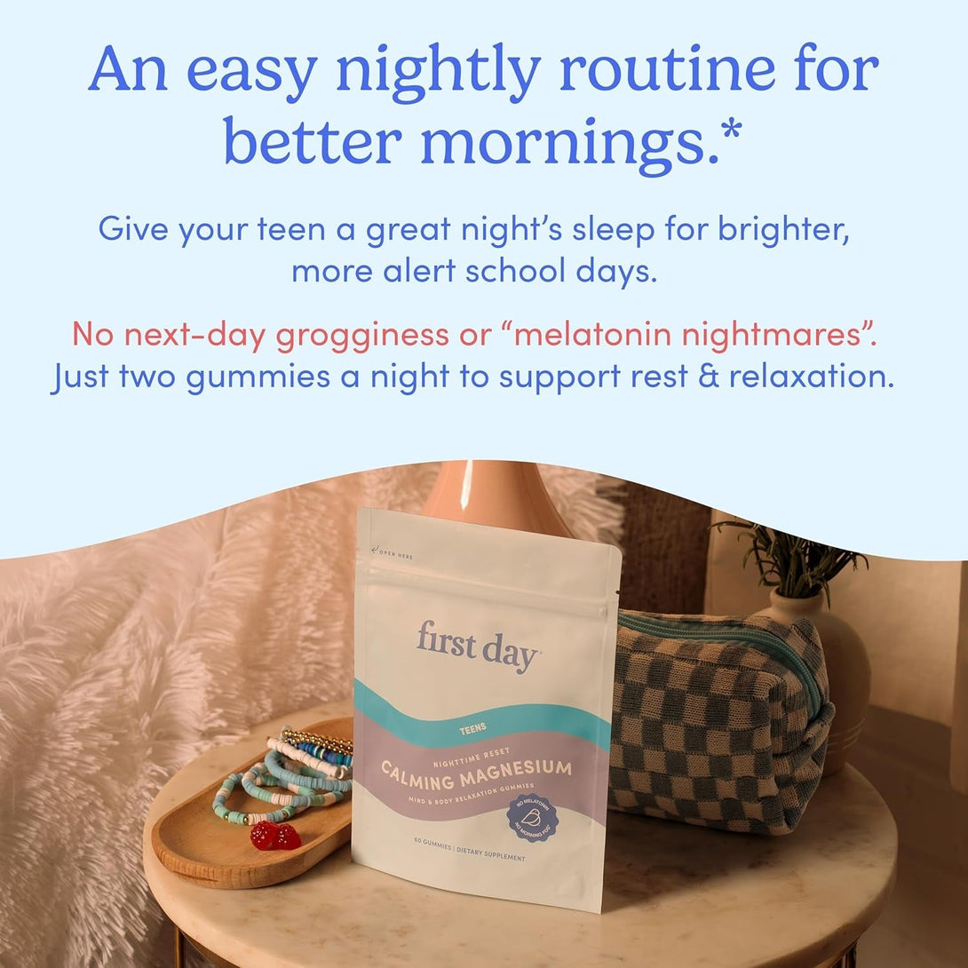First Day Teens’ Nighttime Reset Calming Magnesium Gummies – Sleep Aid Supports Peaceful Rest, Balanced Mood & Energy – Supplement with Magnesium Citrate, Affron & No Melatonin – 30-Day Supply