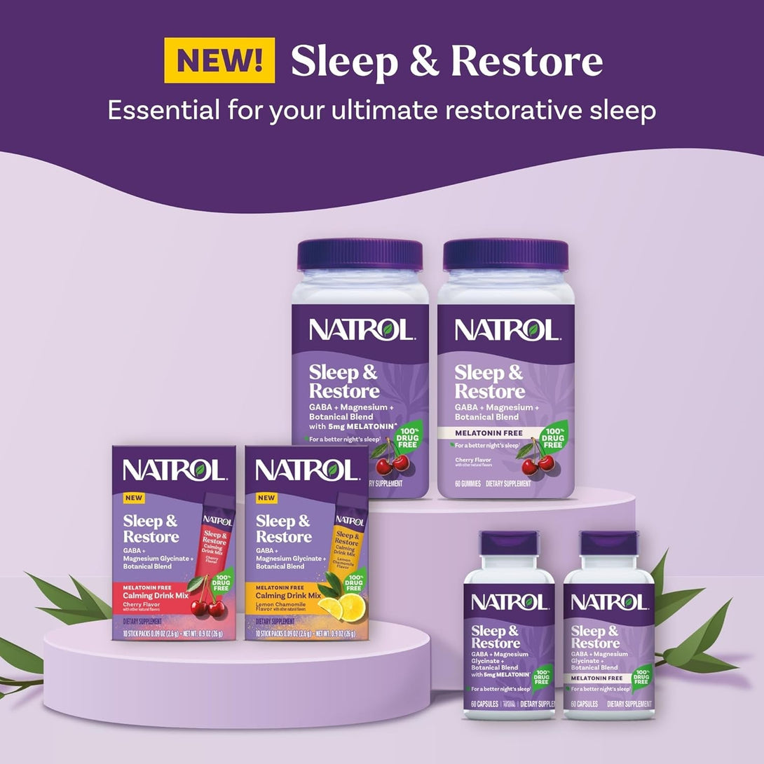 Natrol Sleep & Restore Capsules with Magnesium Glycinate 100Mg, GABA, Essential for Your Ultimate Restorative Sleep, Melatonin-Free, 30 Day Supply