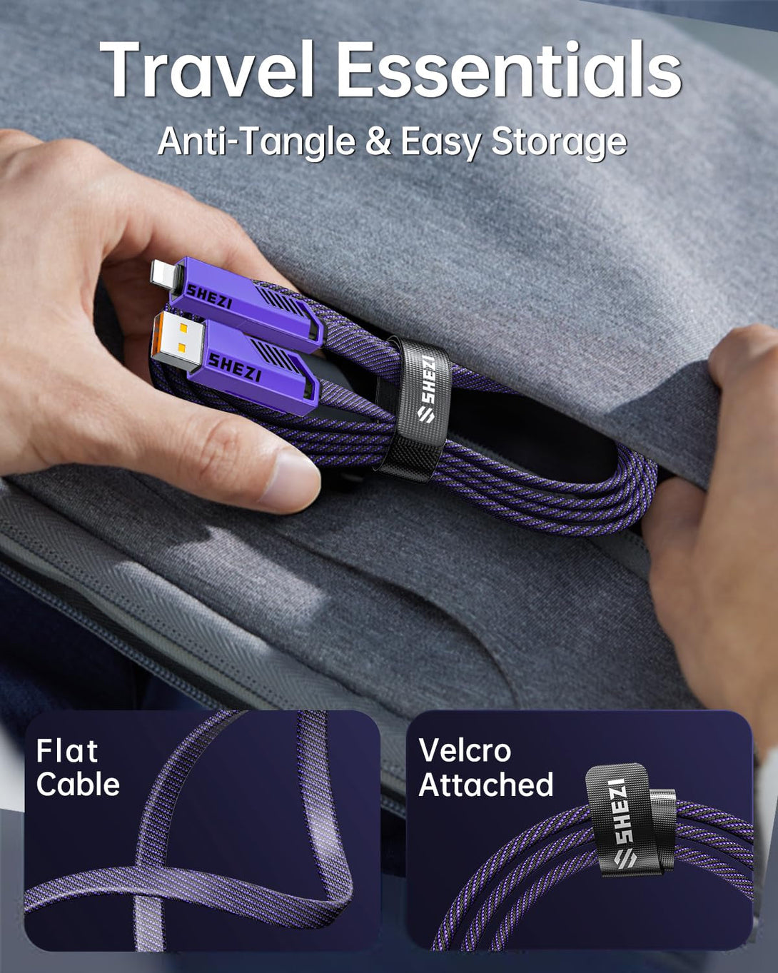 SHEZI 4-In-1 USB C Cable 60W 5FT Lightn-Ing Cable Fast Charging [480Mbps Data Transfer] Flat Nylon Braided Charger Cord Wire Combo with Lightn-Ing/Usb C/USB a Port for Iphone/Ipad and More, Purple