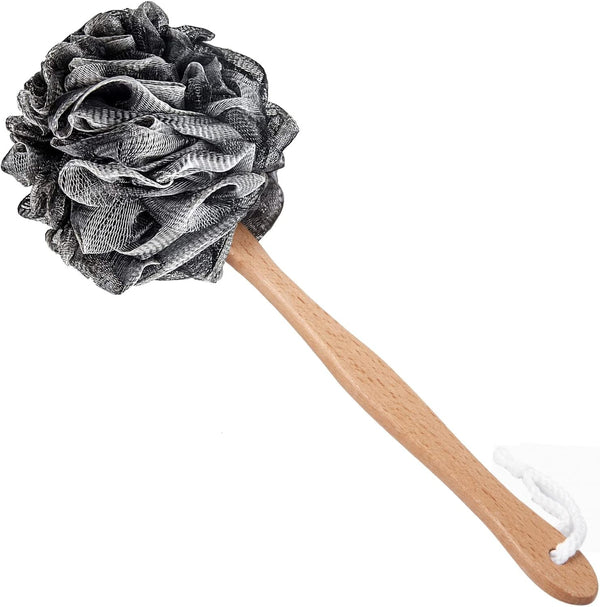 Shower Sponge Loofah Back Scrubber,Loofah on a Stick,Pe Soft Mesh Loofah Body Scrubber with Wooden Handle,Bath Sponge for Women Kids (Black)