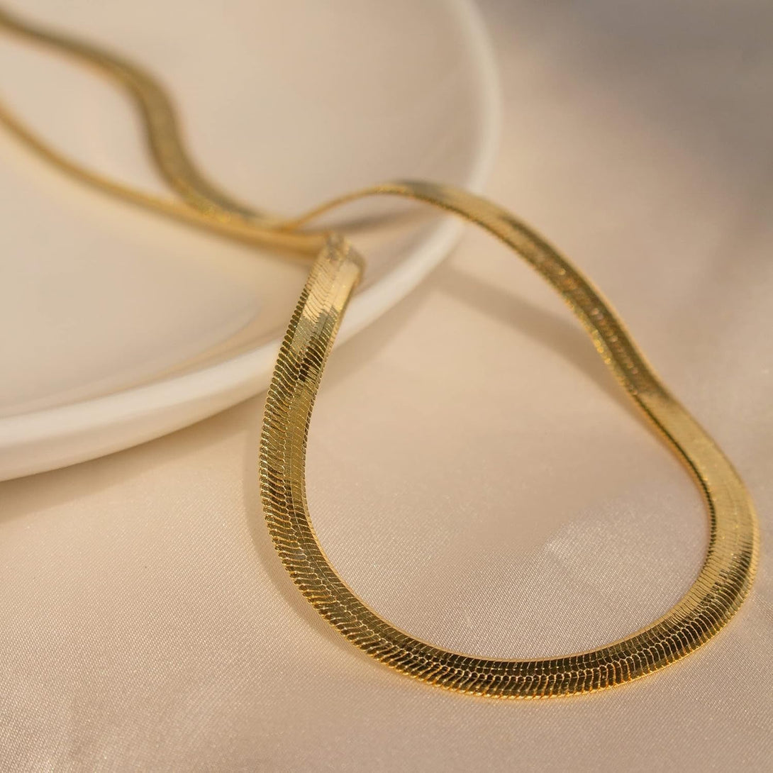 CHESKY Gold Necklace for Women-14K Plated Sterling Silver Snake Chain Necklace Dainty Simple Chunky Herringbone Necklace Choker Necklaces Jewelry for Women