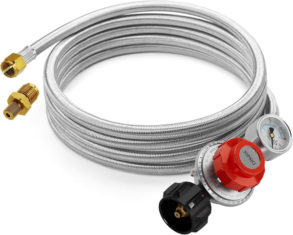 15FT High Pressure Propane Regulator Hose with Gauge, 0~30PSI Adjustable Propane Tank Regulator, Stainless Steel, Fit for Turkey Fryerï¼ŒFish Fryerï¼ŒPropane Burnerï¼ŒFire Pit, Forge, and More