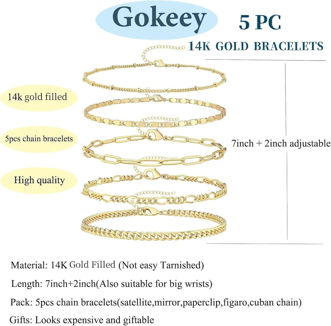 Gold Bracelets for Women Trendy,14K Real Gold Plated Dainty Stackable Paperclip Cuban Link Chain Bracelets,Cuff Bracelets Jewelry Set Adjustable 7"+2"
