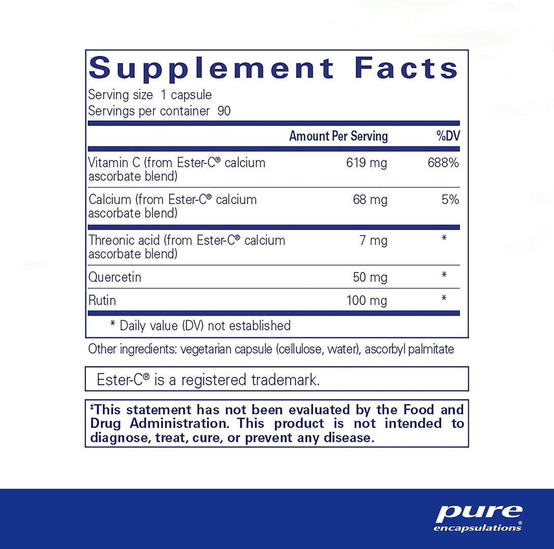 Pure Encapsulations Ester-C & Flavonoids - Vitamin C Supplement for Antioxidants - Immune & Vascular Support* with Calcium & Rutin - Gentle on Digestion - Vegan & Non-Gmo - 90 Capsules