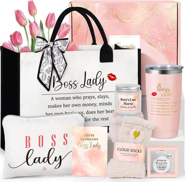 Boss Lady Gifts for Women, Best Boss Gift with Grocery Canvas Tote Bag, Funny Boss Christmas Box for Women, Cool Basket for Bosses Female, Office Appreciation Gifts for Birthday Boss'S Day Pink