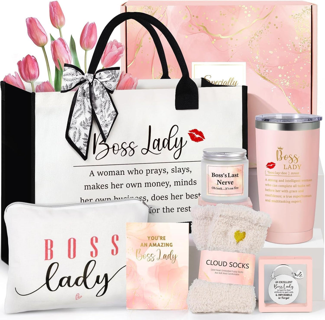Boss Lady Gifts for Women, Best Boss Gift with Grocery Canvas Tote Bag, Funny Boss Christmas Box for Women, Cool Basket for Bosses Female, Office Appreciation Gifts for Birthday Boss'S Day Pink