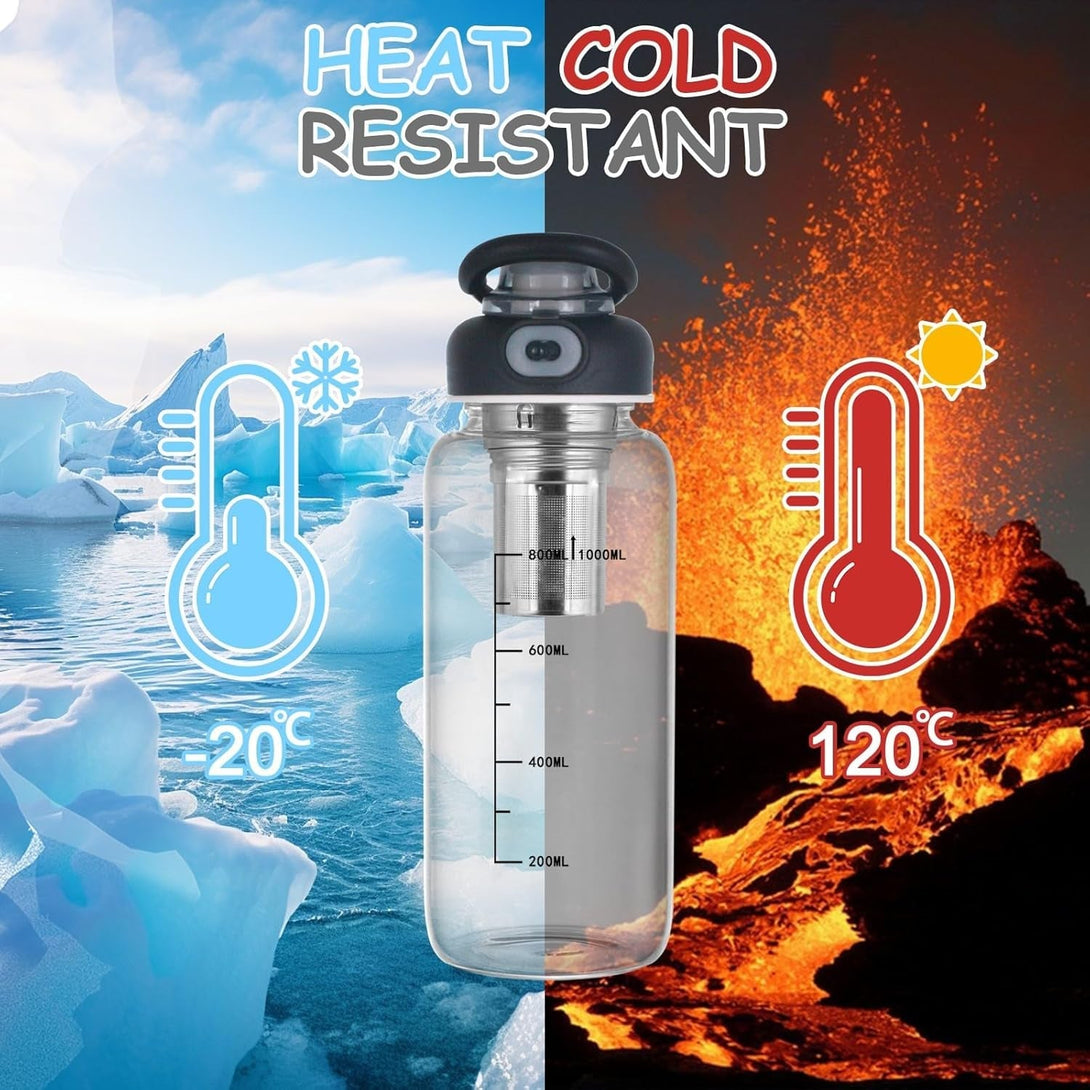 34Oz Glass Water Bottle - Large Capacity Drinking Bottles, with Time Mark, Stainless Steel Tea Strainer,Sleeve, BPA Free,For Hot or Cold Drinks, Coffee, Tea and Water (34Oz)