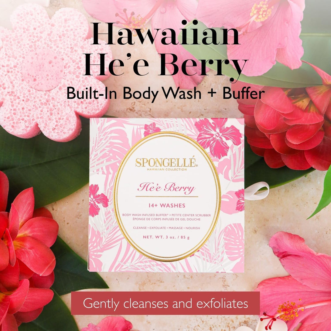 Spongellé He'E Berry Hawaiian Buffer | Body Wash Infused Sponge with Awapuhi & Kukui Nut Oil | Exfoliates & Hydrates | 14+ Uses