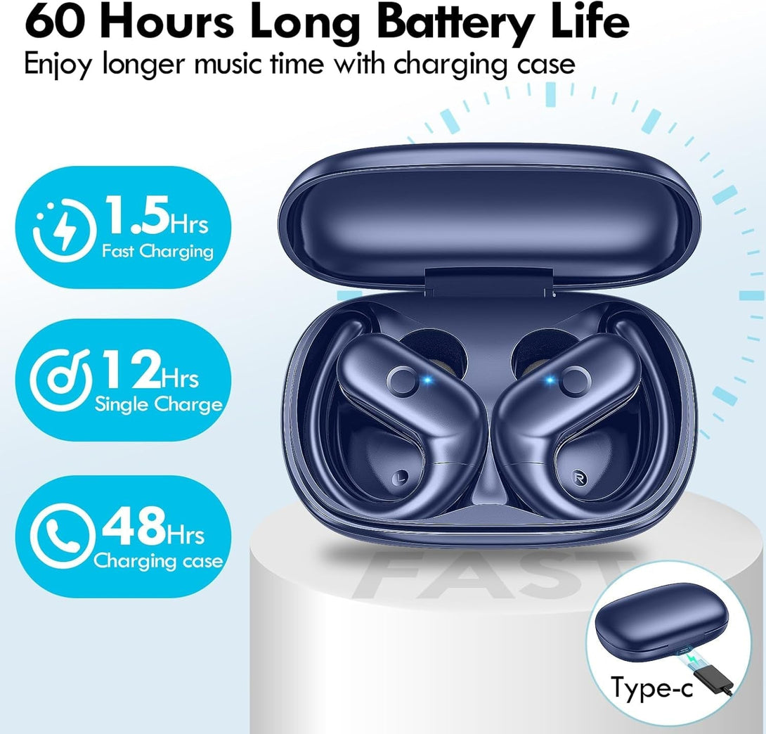 Kurdene Wireless Earbuds Bluetooth Headphones Sport,Over Ear Buds with Deep Bass Sound,60Hrs Playtime Earphones Redesigned Comfort Fit with Earhooks for Running,Meeting,Workout-Blue