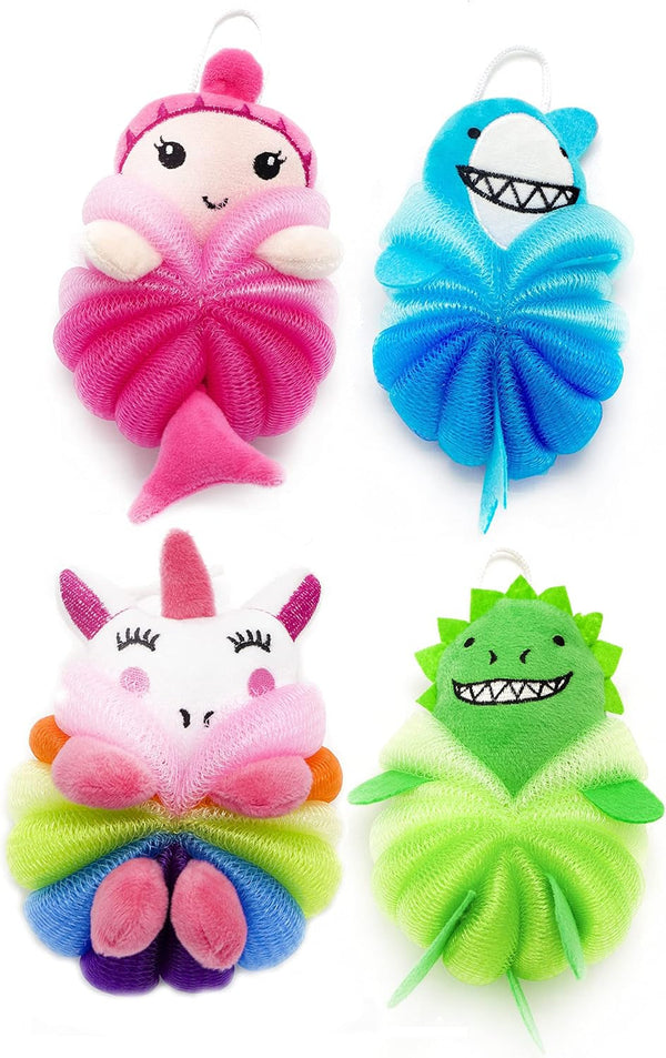 MURRI&MURRDI 4 Pcs Bath Loofah for Kids Bath Sponge, Lovely Animal Body Scrubber Kids Toddler Body Loofah Cute Cartoon Kids Bath Pouf Mesh Loofah Sponge for Children Shower 55G (4 Cartoon B)