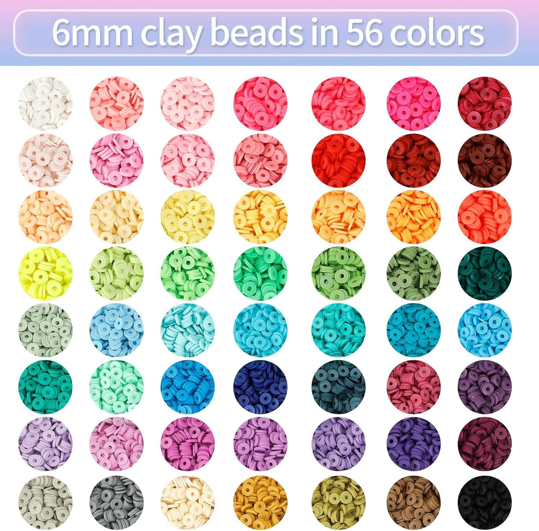QUEFE 14420Pcs Beads for Bracelet Making Kit, 56 Colors Spacer Heishi Beads Flat round Polymer Clay Beads with Pendant Charms Kits and Elastic Strings