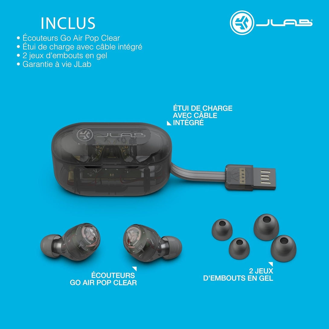 Jlab Go Air Pop True Wireless Bluetooth Earbuds & Charging Case, Clear, Dual Connect, IPX4 Sweat Resistance, Bluetooth 5 Connection, 3 EQ Sound Settings Signature, Balanced, Bass Boost