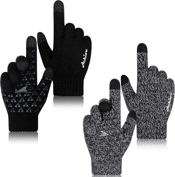 Achiou Winter Gloves for Men Women, 2 Pairs Touch Screen Texting Warm Running Gloves Thermal Soft Knit Lining, Elastic Cuff