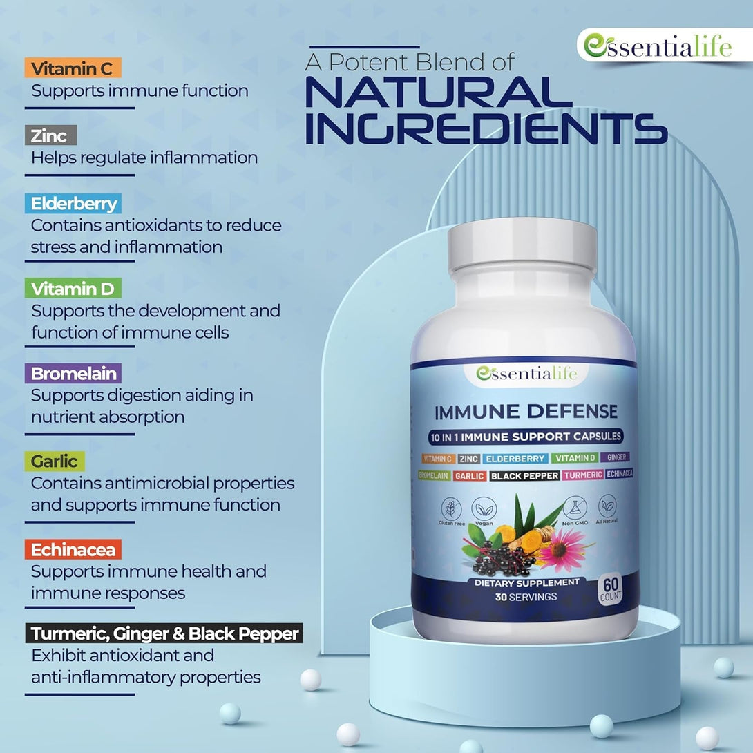 Immune Support Supplement 10 in 1 Elderberry, Echinacea, Vitamin D, Vitamin C 1000Mg & Zinc Supplement - Take Charge of Your Health with Immune Booster for Adults - 60 Vitamins Capsules