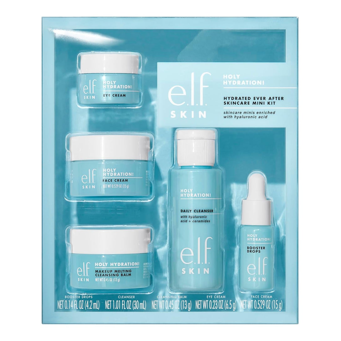E.L.F. SKIN Holy Hydration! Hydrated Ever after Skincare Mini Kit, Cleanser, Makeup Remover, Moisturiser & Eye Cream for Hydrating Skin, Airplane-Friendly Sizes