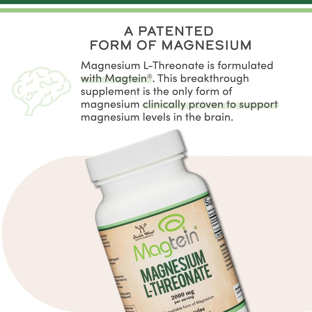 Magnesium L Threonate, Magtein™, Sleep and Cognitive Support – High Absorption – Most Bioavailable Form of Magnesium – 2,000 Mg – 120 Capsules