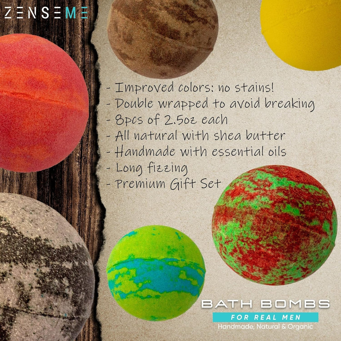 Bath Bombs for Men, Gift Set of 8 Scented Organic Handmade Bath Bombs of 2.5 Oz with Natural Essential Oils for Boyfriend, Husband, Father or Friend, by Zenseme