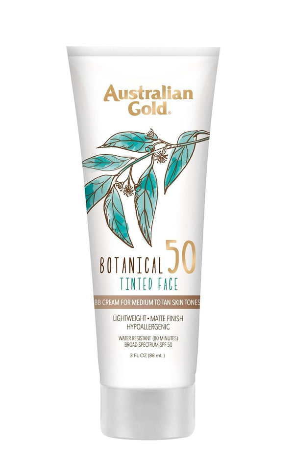 Australian Gold Botanical SPF 50 Tinted Mineral Sunscreen for Face, Non-Chemical BB Cream, Water-Resistant, Matte Finish, for Sensitive Facial Skin, Medium to Tan Skin Tones, 3 FL Oz